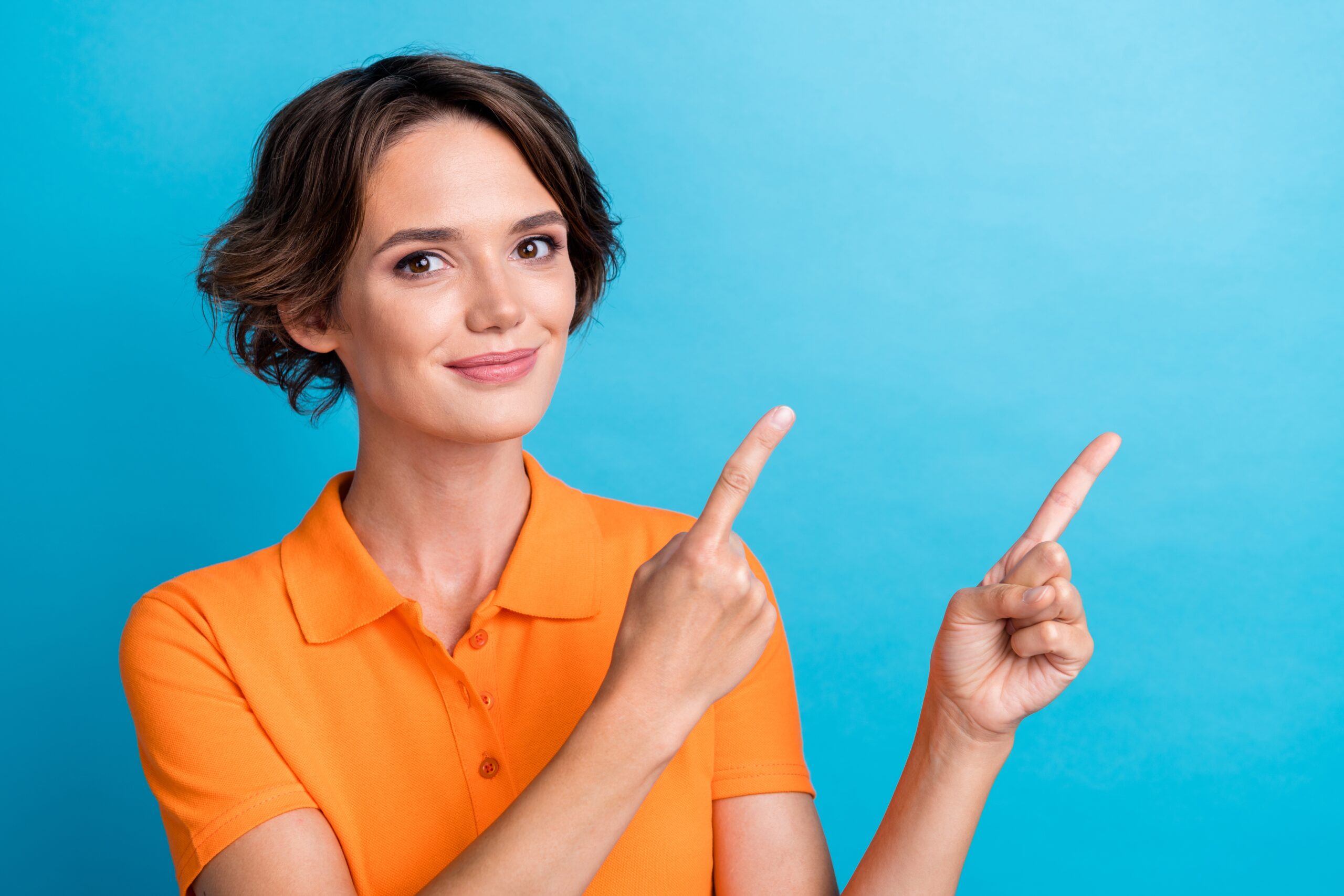Photo,Of,Adorable,Shiny,Lady,Wear,Orange,T-shirt,Pointing,Two